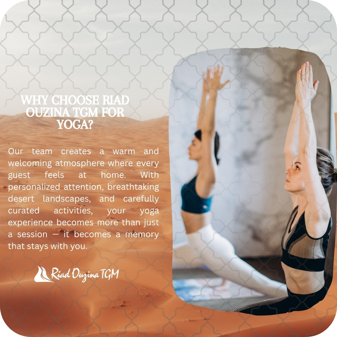 Escape to a luxury yoga retreat in Sahara Desert at Riad Ouzina TGM. Enjoy sunrise & sunset yoga, meditation, and a wellness experience.