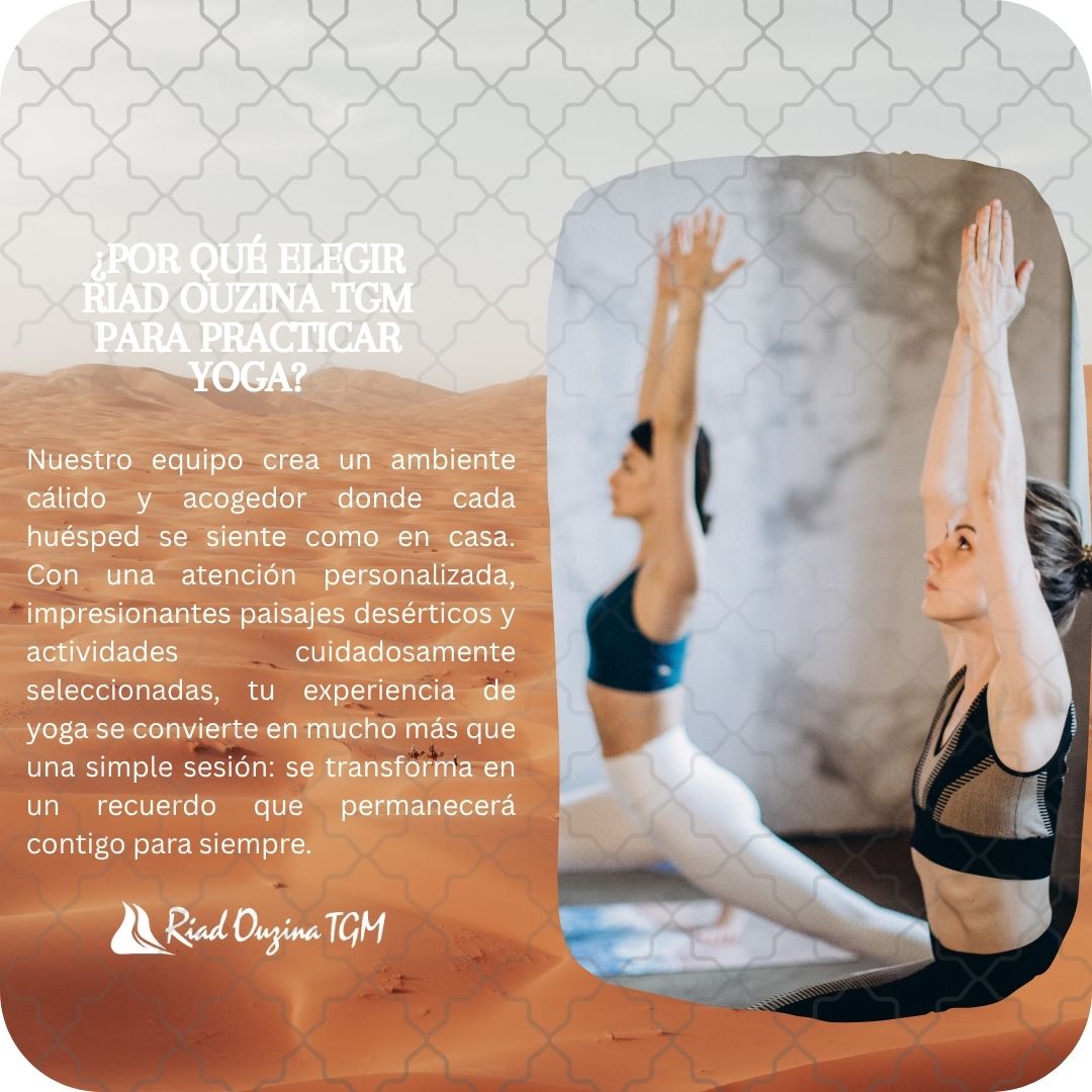 Escápate a un retiro de yoga de lujo en el desierto del Sahara en Riad Ouzina TGM. Disfruta de sesiones de yoga al amanecer y al atardecer.