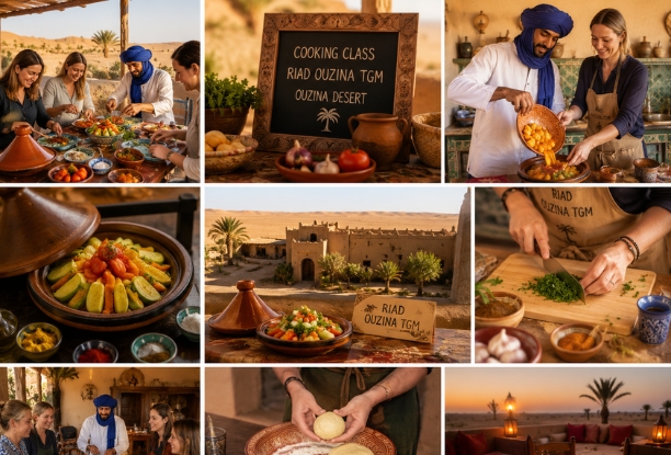 Cours de cuisine marocaine dans le désert d’Ouzina. Apprenez à préparer un authentique tajine et des plats amazighs avec des hôtes locaux.