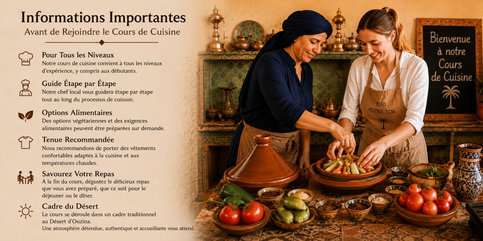 Cours de cuisine marocaine dans le désert d’Ouzina. Apprenez à préparer un authentique tajine et des plats amazighs avec des hôtes locaux.